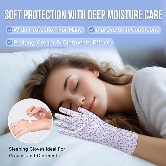 HandLove Premium 100% Cotton Gloves | Moisturizing Gloves for Dry Hands | Overnight Sleeping & Eczema | Touchscreen Friendly | Extended Wrist White Gloves & Lavender Dots, 6Pairs