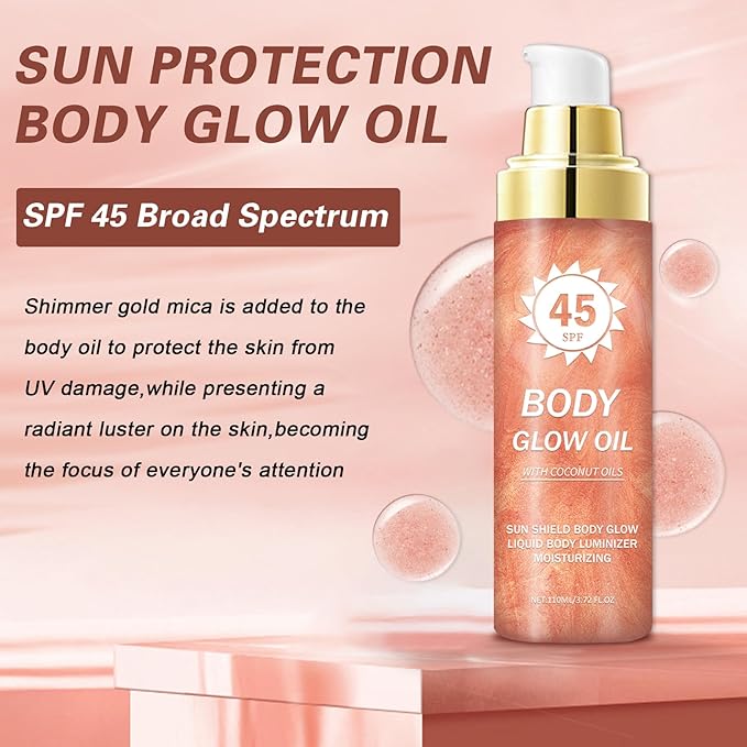 Body Glow Oil,SPF 45 Broad Spectrum,Body Oil Shimmer Sunscreen with Rose Gold Mica,Lightweight Non-Sticky,Moisturizing Coconut,Absorbs Quickly,3.72 fl oz,ROSE