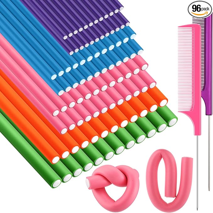 Tigeen 96 Pieces Flexible Curling Rods 9.45 Inch Soft Twist Foam Hair Curling Rollers No Heat Hair Rods Rollers with 2 Pieces Rat Tail Comb Steel Pintail Comb for Women (Multi Size,Multi Color)