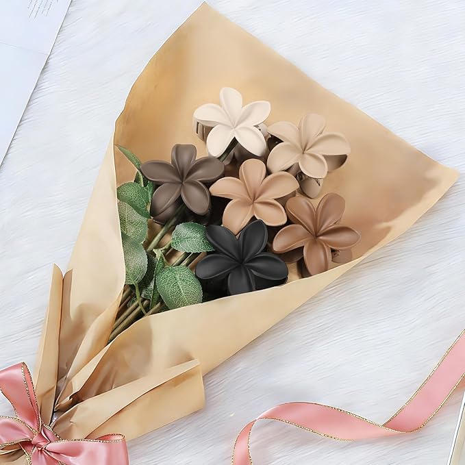 CHANDAT Flower Hair Clips 6 PCS Hawaiian Claw Clips for Vacation Hibiscus Hair Claw Cute Large Hair Clips for Thick and Thin Hair Plumeria Hair Accessories for Women Girls -Coffee