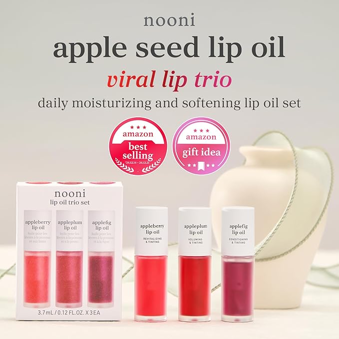 NOONI Korean Lip Oil Set - Appleberry, Appleplum & Applefig - Long-Lasting, Moisturizing, Revitalizing - Waterproof, No Peel Off, Stocking Stuffers (3EA, 0.12 fl oz)