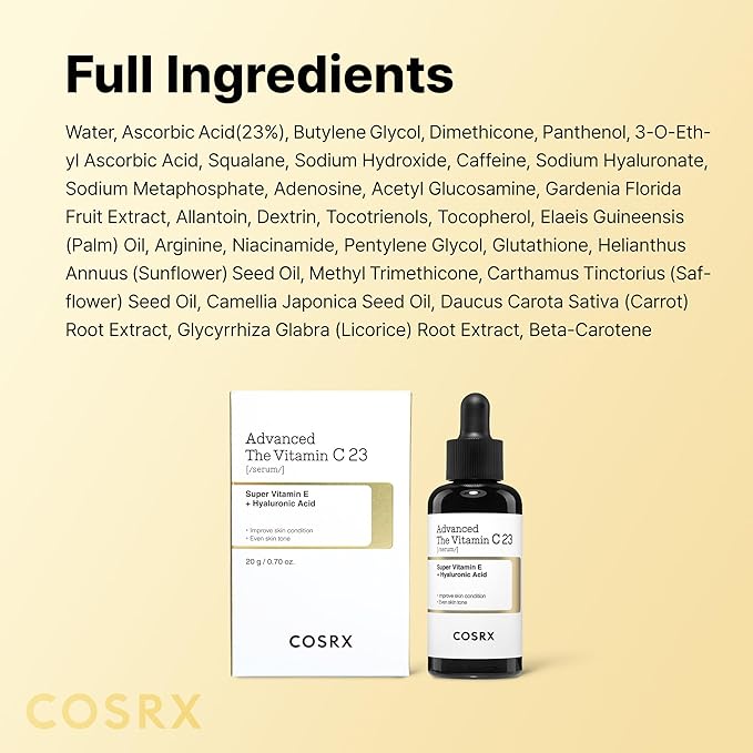 COSRX Advanced Pure Vitamin C 23% Serum with Vitamin E & Glutathione, Korean Vitamin C Serum for Fine Lines, Uneven Skin Tone & Dull Skin, 0.7oz, Korean Skin Care