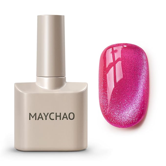 MAYCHAO 15ML Cat Eye Gel Nail Polish 1Pc Hot Pink Holographic Magnetic Gel Polish Soak off Nail Polish for Nail Art Manicure Salon DIY at Home, 0.5 OZ