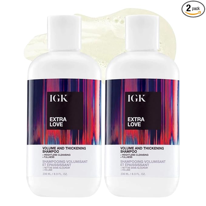 IGK EXTRA LOVE Volume & Thickening Shampoo | Volumizing Shampoo for Fine, Thin Hair | Hydrates + Supports Scalp Care | Vegan + Cruelty Free | 8 oz (Pack of 2)