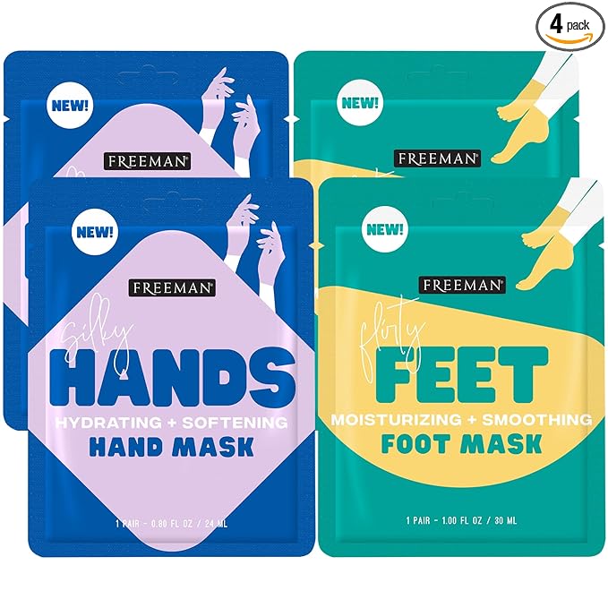 Freeman Flirty Feet Foot Mask 2-Pack & Silky Hands Hand Mask 2-Pack – Moisturizing Socks with Coconut Oil & Mint Extract + Hydrating Gloves with Coconut Oil & Rose Extract