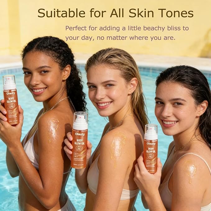 Body Glow Sunscreen Oil SPF 45, Shimmer Body Oil with Coconut Oils, Moisturizing Wateproof Glowing Oil for Body & Face, Lightweight, Glowy Finish,with Rose Gold Mica (Bronze Amber)