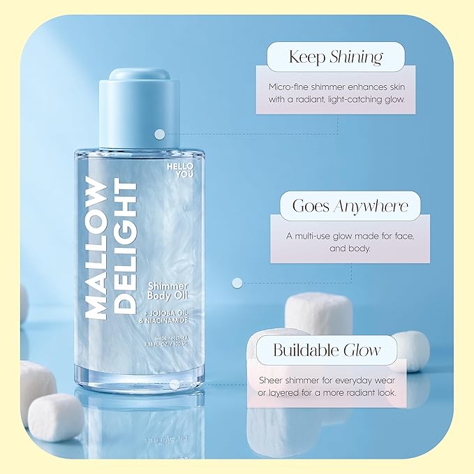 Hello You Jojoba Oil & Niacinamide Shimmer Body Oil – Dermatologist Tested, Anti-Aging, Korean Skin Care – Hydrating Glow, Lightweight Radiant Finish – Clean Beauty – Marshmallow Scent, 3.38 Fl Oz