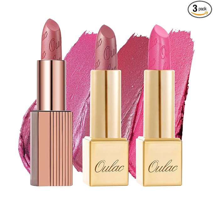 Oulac Metallic Pink Lipstick Set 3PCS, Comfortable Creamy Texture, Smooth No Grainy Feeling, Vegan & Gluten Free, Full-Coverage Lip Makeup, 3 X 4.3 g, 602+01+17