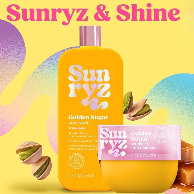 PDC Brands Sunryz Limited Edition Summer Scented Body Wash and Whipped Body Cream Duo, Golden Sugar, 12 FL OZ Body Wash, 8 OZ Body Cream, 2 Piece Set