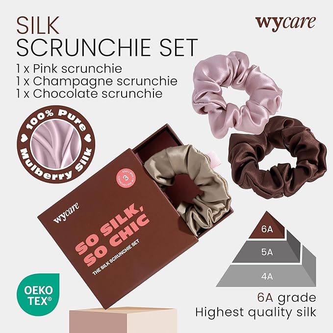 Wycare 100% Silk Scrunchies - Gentle on Hair Mulberry Silk Scrunchies for Women - Luxurious Sleep Ties for Women's Curly Hair (Set of 3 Nude)