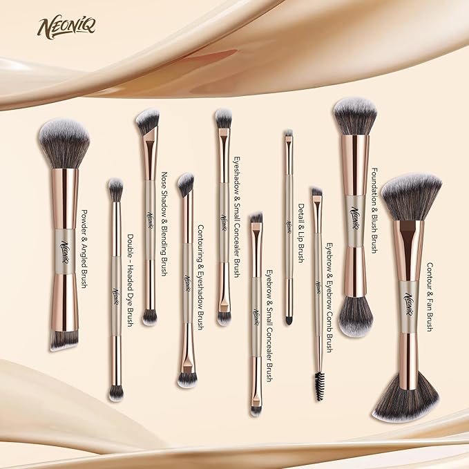 10 PCS Travel Makeup Brush Set With Bag, Makeup Brushes, Double-End Multi-functional Brushes for Foundation Powder Blush Eyeliner Eyeshadows, Professional Face Brush Set（Champagne Gold）