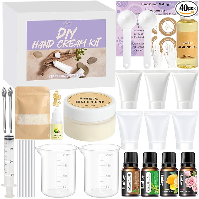 JCOOS Hand Cream Making Kit, Lotion Kit, DIY Handcream For Very Dry Hands, Almond Oil, Vitamin E, Tube, Essential Oils, Natural Whipped Shea Butter Body Butter Making Kit Gifts for Women