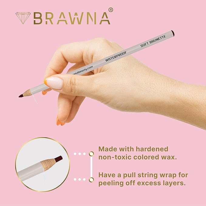 BRAWNA 6 Pcs Brow Pro Peel Off Pencils with 1 Sharpener - Waterproof Eyebrow Mapping Pencil - Microblading Supplies - Brown