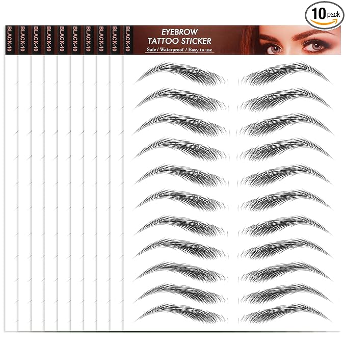 YUXIANLB 10 Sheets Waterproof Eyebrow Tattoo Fake Eyebrows Sticker 4D Hair-Like Eyebrow Tattoos Stickers Temporary Eyebrow Tattoo For Women Long-Lasting Eyebrow Christmas For Makeup Beginner(Black-10)