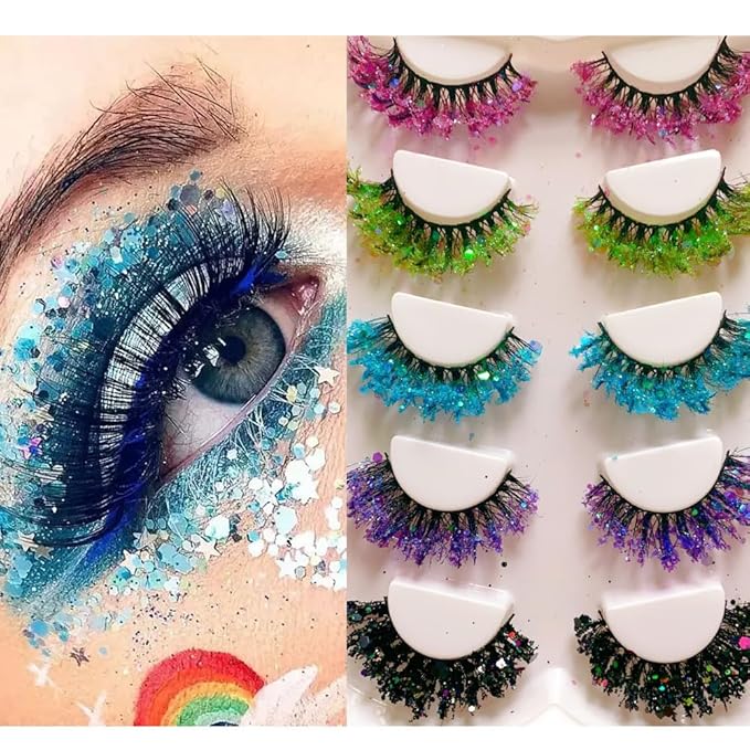 Sunniess Luminous Glitter Lashes,3D Dramatic Eyelashes with Sequins,25mm Decorative Sparkly Lashes for Halloween Colorful Lashes Christmas Cosplay Party Stage Makeup Colored False Eyelashes