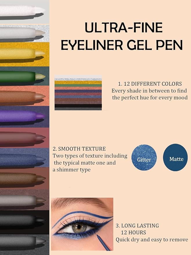 Black Gel Glitter Eyeliner Pencil, Metallic Waterproof Smudge-Proof Creamy Retractable Smooth Eye Liner pencil, Hypoallergenic Long Lasting Eyeliner Brightener Pen Crayon Eye Makeup Gift for Women#11
