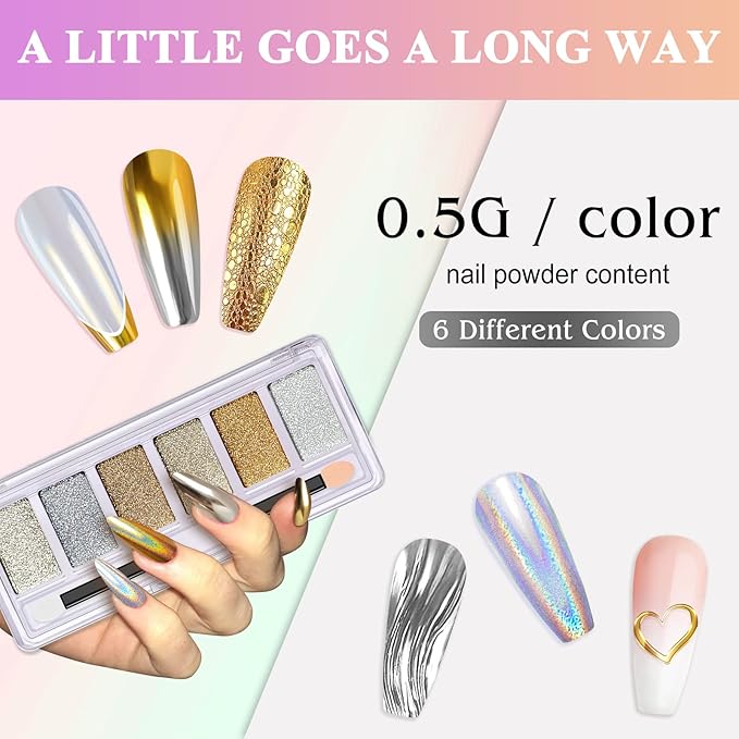 Gold Silver Chrome Nail Powder, 6 Colors Holographic Unicorn Iridescent Nail Chrome Powder, Metallic Mirror Effect Light Gold Champagne Chrome Powder Palette Pigment Glitter for Nail Art