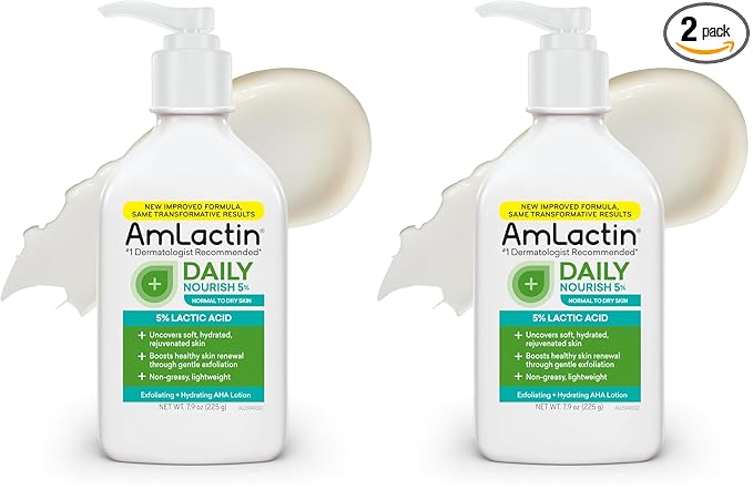 AmLactin Daily Nourish - Therapeutic Face and Body Lotion for Dry Skin - No-Scrub Exfoliator and Moisturizer with 5% Lactic Acid AHA, Safe for Sensitive Skin, 7.9 oz (Packaging May Vary) (Pack of 2)