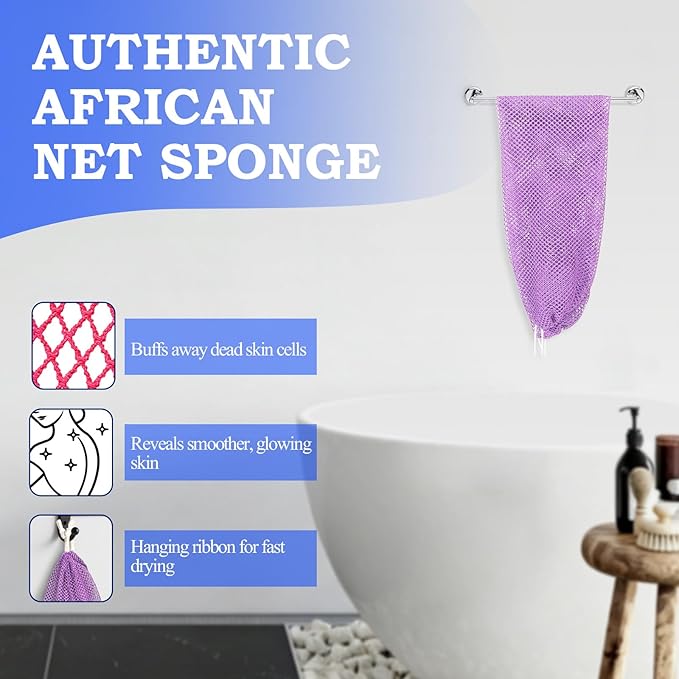 African Net Sponge - Deep Exfoliating Body Scrubber - Ultra Long African Net Sponge Reaches All Back Areas, Gently Buffs Away Dry Flaky Skin for a Renewed Feel, Home Spa Experience（Purple）