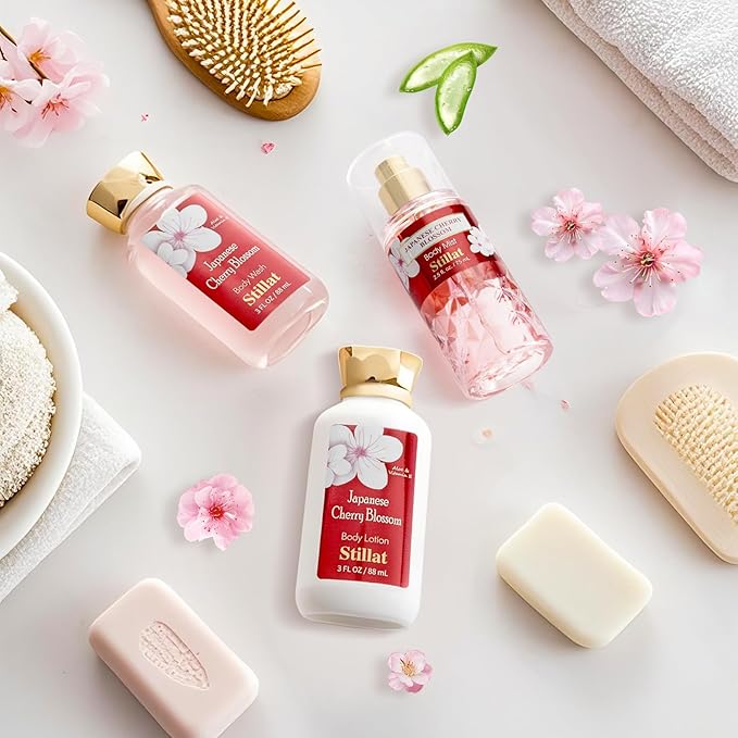 Bath and Body Sets for Her, Japanese Cherry Blossom Scented Spa Daily Care for Women, Including Body Wash, Body Lotion and Fragrance Mist, Idea Gift for Birthday Valentine's Day Christmas New Year