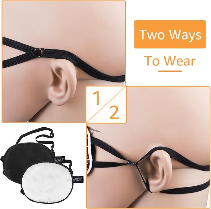 eZAKKA 2 Pieces Silk Eye Patch Medical Eye Patch for Adult Women Elastic Lazy Adjustable Single Eyepatch with Elastic Strap (L, Black+Grey)