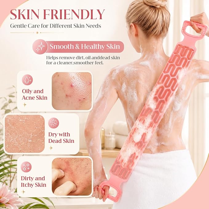 Manmihealth Silicone Back Scrubber for Shower & African Bath Sponge Set, Upgrade 33.8'' Long Silicone Back Brush & Exfoliating Net Sponge Combination, Dual-Sided Use Shower Loofah (Pink+Pink)