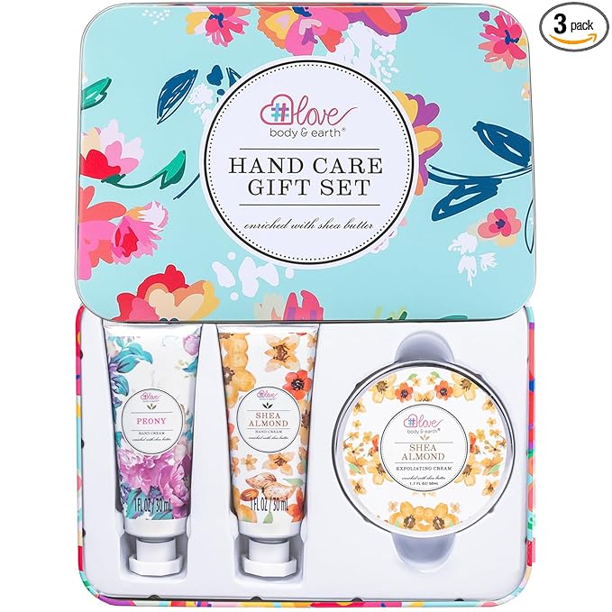 BODY & EARTH # LOVE Hand Cream Gift Set for Women,Mothers Day Gifts for Mom,Hand Lotion Travel Size,Hand Care Set with Hand Cream & Exfoliating Cream with Shea Butter,Nurses Appreciation Gifts Teacher