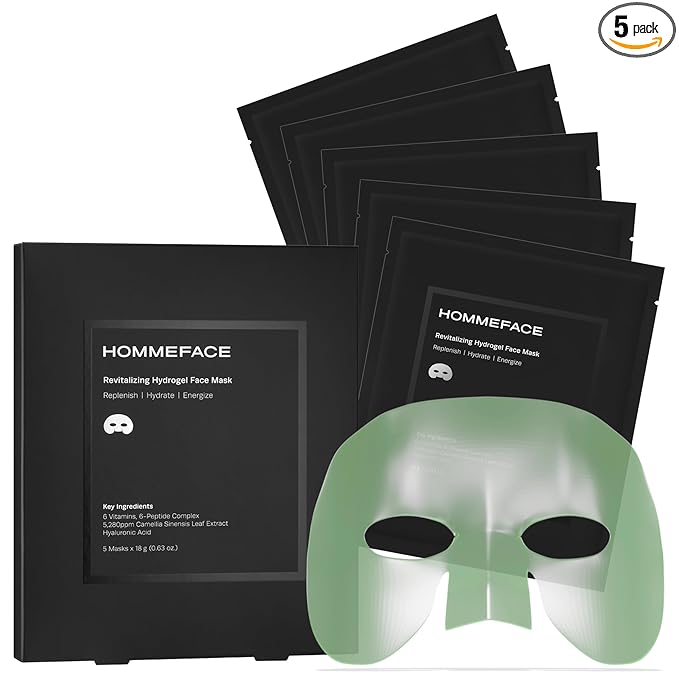 HommeFace Men’s Revitalizing Hydrogel Facial Mask Set (5ct) - Hydrating, Beard-Friendly, Anti-Aging, Soothing Face Sheet Masks - Korean Skincare Technology with Hyaluronic Acid, Vitamins & Peptides