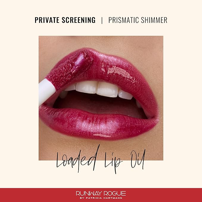 Runway Rogue Loaded Lip Oil, Hydrating and Plumping Lip Shimmer Oil with Tri-Peptide Formula, Juicy Berry Fuchsia Shimmer, ‘Private Screening’