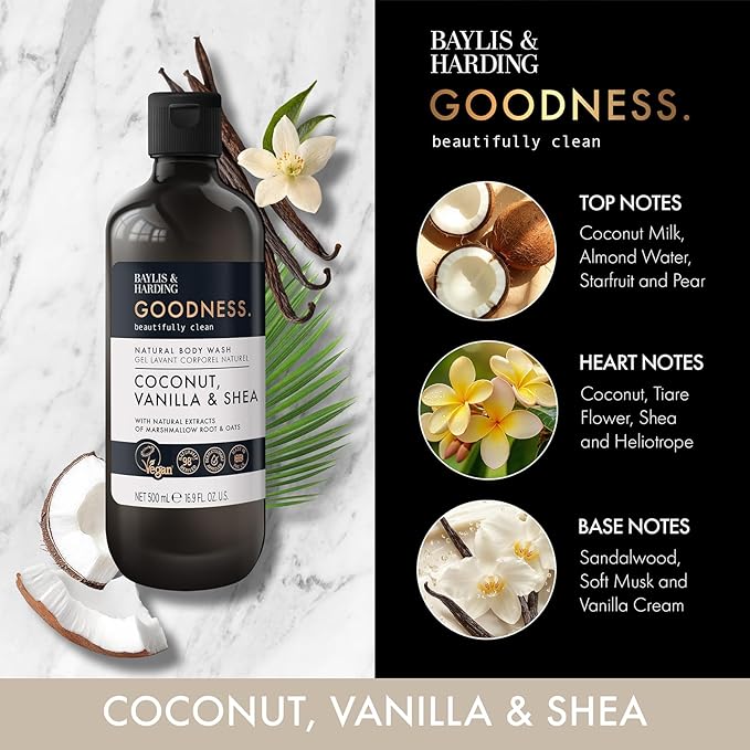 Baylis & Harding Goodness Coconut, Vanilla & Shea Natural Body Wash 16.9Fl.oz, Pack of 3 - Biodegradable Formula