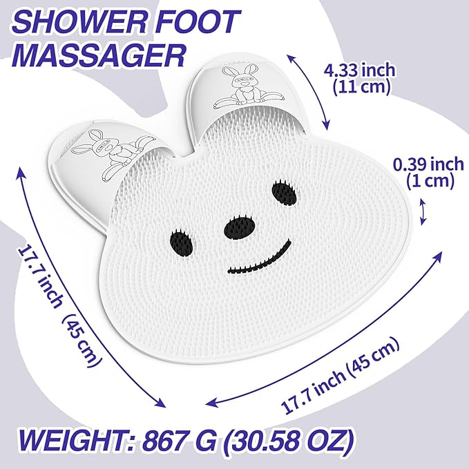 Manmihealth Extra-Large Shower Foot Scrubber Mat with Non-Slip Suction Cups, Rabbit-Shaped Silicone Foot Scrubber in Shower for Men & Women (White)