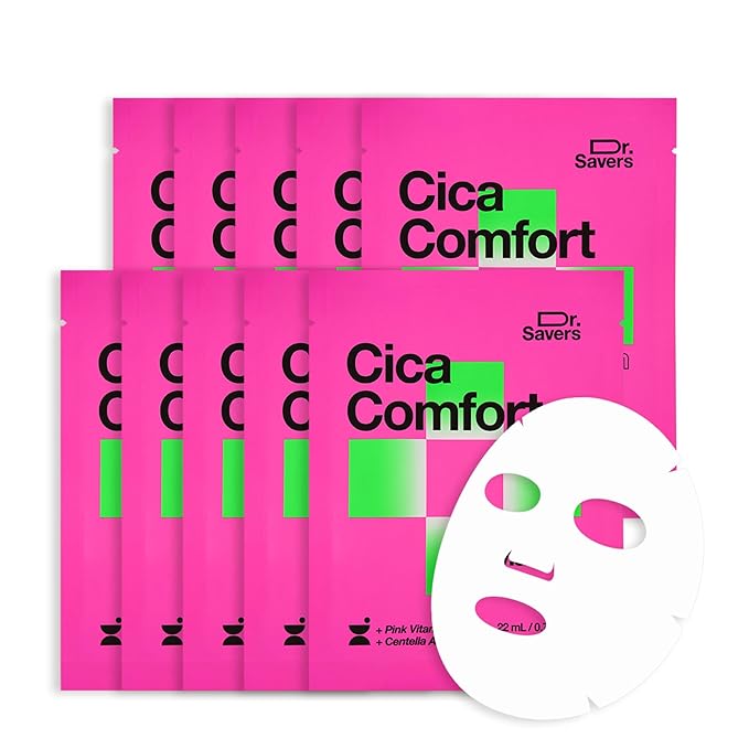 Dr. Savers Cica Comfort Face Serum Mask, 0.74 Fl Oz, Centella Asiatica, Acne Soothing, Lightweight Skin Barrier Repair, Irritated Sensitive Skin, Personalized Korean Skincare, 10 Sheets