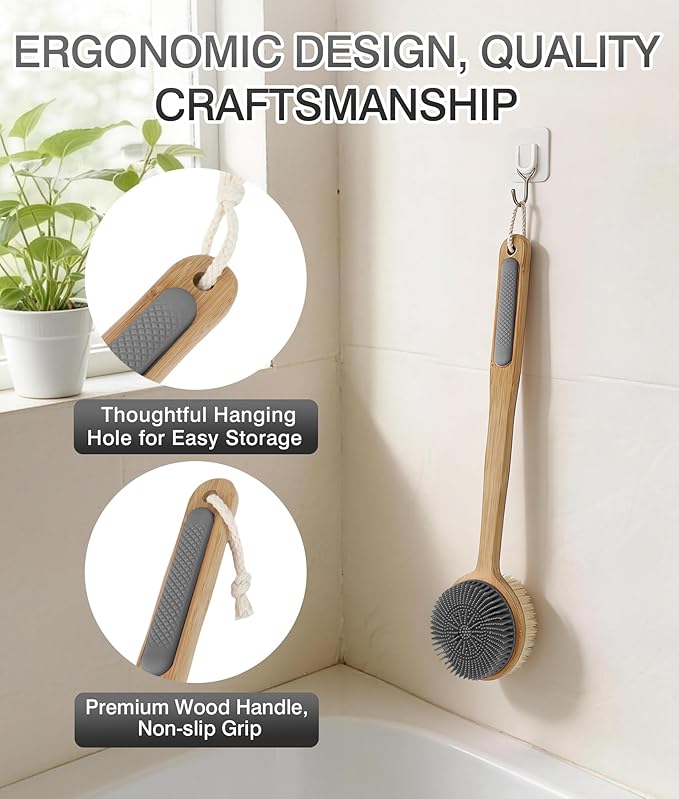 Back Scrubber for Shower + Body Scrubber 2 Pack - Dual Sided Silicone & Nylon Bristles Lather Well, Exfoliating Anti-Slip Wood Long Handle Back Scrubber Body Exfoliator for Wet/Dry Bath Brush Grey