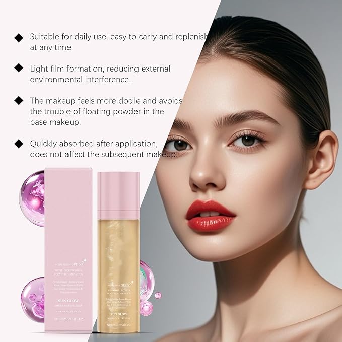 2 Pcs Sheer Setting Mist Sunscreen SPF 50, Broad Spectrum Shimmering Body Oil Mist for Face & Body, Hydrating Makeup Glow Spray, Reef-Safe, Non-Greasy & Fast-Absorbing
