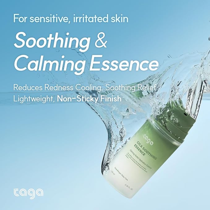 TAGA Cica Soothing Essence 100ml | Vegan Hypoallergenic Hydrating Essence for Sensitive & Irritated Skin | Lightweight, Non-Sticky Formula with Centella Asiatica | Calming Moisture Care for the Family