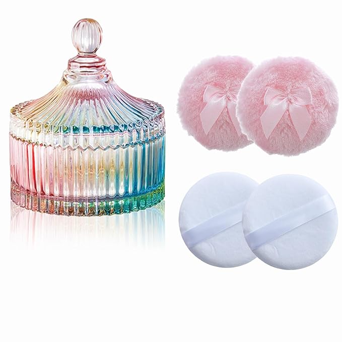 5 Pieces Large Body Powder Puff and Powder Container, Crystal Case for Dust Puff, Powder applicator with Box for Face and Body (Color, Yurt)