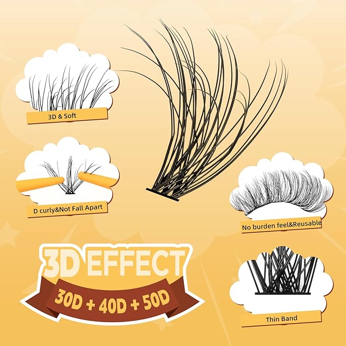 QUEWEL DIY-Lash-Extension-Kit, 3D Fluffy-Lashes-Clusters-Kit with 280PCS 30+40+50D Lashes Clusters Mixed 10-16mm Eyelash Clusters, Lash Bond and Seal, Eyelashes Tweezers DIY at Home(3D 30+40+50 KIT)