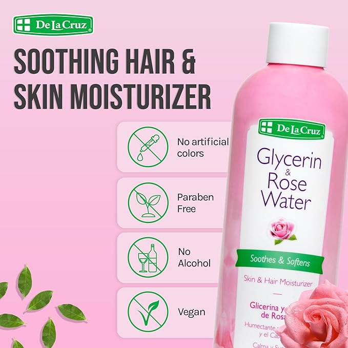 De La Cruz Rose Water and Glycerin for Face - Rosewater Facial Toner and Moisturizer for Skin and Hair 8 fl oz (236 mL) - 12 Bottles