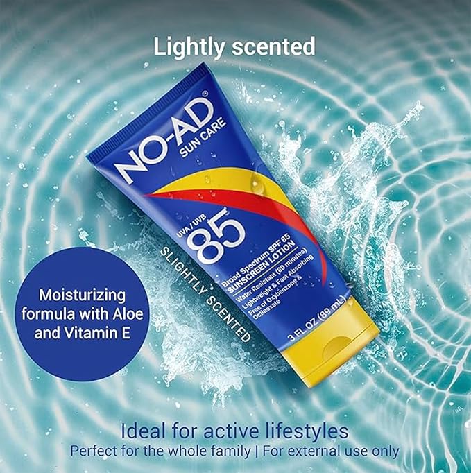 NO-AD SPF 85 Sunscreen Lotion | Broad Spectrum UVA/UVB Protection | Water Resistant | Octinoxate & Oxybenzone Free with moisturizing Vitamin E and Aloe 3oz | Travel size sunscreen