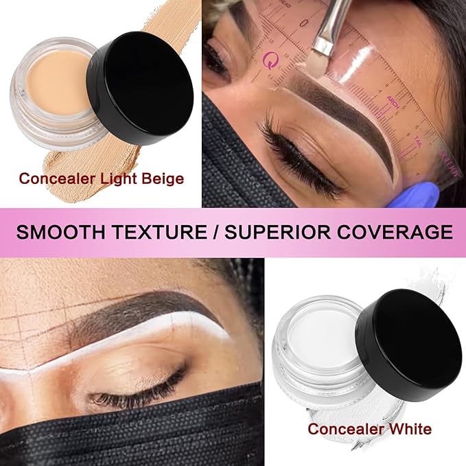 Brow Mapping Kit includes 10m X Black&White Mapping String, 50pcs Eyebrow Ruler Stickers,White and Light Beige Brow Concealer & 2 Brow Brushes, Eyebrow Pencil Razor Sharpener and Instruction