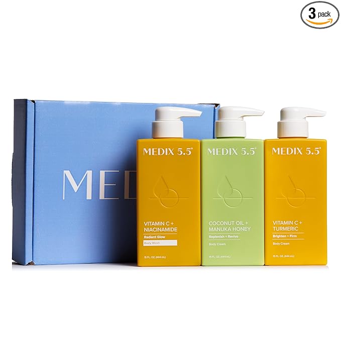 MEDIX Nourish & Glow 3PC Skin Care Set | Citrus Vitamin C Body Wash Cleanser + Brightening Vitamin C Cream + Coconut Body Lotion Moisturizer Gift Box | Anti Aging Skin Care Products | Gifts For Women