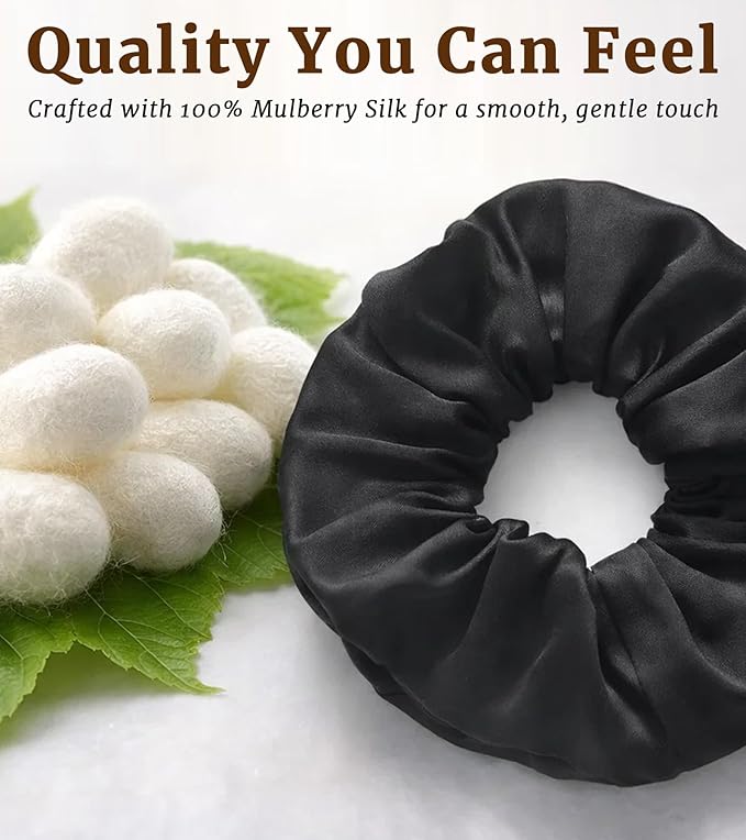 30 Momme 100% Mulberry Silk Scrunchies for Women and Girls, Oversized XL Hair Tie for Sleeping, Soft Smooth for No Damage Hair Care Sleeping (Black)