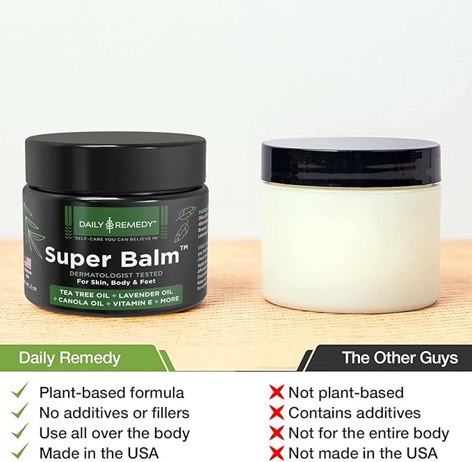 DAILY REMEDY Tea Tree Oil Extra Strength Super Balm - Athletes Foot Cream Combats Ringworm, Jock Itch, Nail Issues - Nourishes Cracked Itchy Skin on Body & Feet - Made in USA