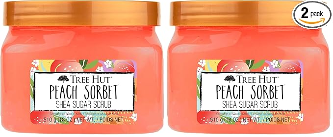 Tree Hut Peach Sorbet Shea Sugar Scrub, Exfoliating, Hydrating & Moisturizing Body Scrub with Shea Butter & Nourishing Essential Oils, Smooth & Soften Skin, 18 oz (Pack of 2)