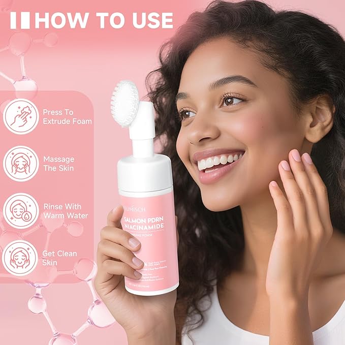 FluMisch Salmon DNA PDRN Facial Cleanser | Low pH Hydrating Daily Foaming Face Wash with Soft Massage Heads | PDRN, Collagen & LHA | Gentle Pore Care & Radiant, Balanced-Looking Skin | 4.23 oz