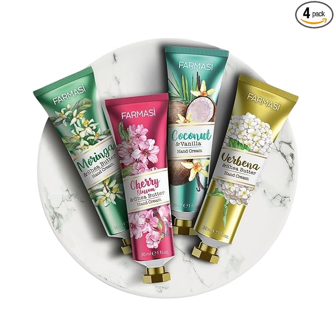 FARMASi 4 Pack Hand Cream Gift Set with Shea Butter, Moisturizing Hand Lotions for Dry Skin, Fast-Absorbing Daily Hand Care, Travel Size Set, 4 x 1 fl oz