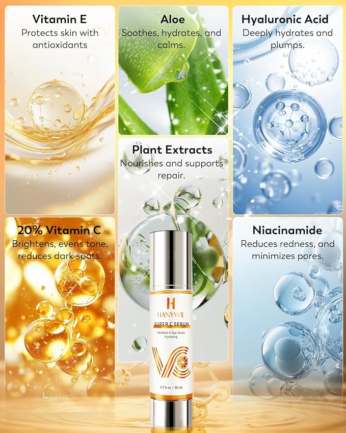 HANYWIL Vitamin C Serum for Mature Skin, 20% Vitamin C Face Serum with Hyaluronic Acid, Dark Spot Remover, Hydrating Skincare for Wrinkle Reduction, Lifting & Firming - 1.7 fl