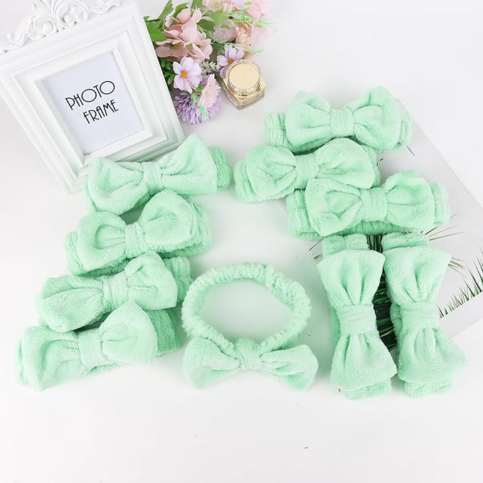 Casoty 10 Pcs Green Face Wash Headbands, Spa Gifts for Women Girls, Soft Coral Fleece Skincare Headband, Bow Hair Bands, Spa Headbands for Face Washing Shower Skin Care Yoga