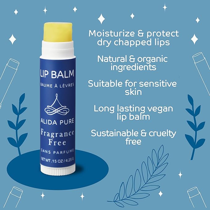 Fragrance Free Lip Balm, Vegan Set, Unscented, No Flavor, Beeswax Free, Organic Jojoba and Avocado Oil, Vitamin E, Natural Moisturizer for Dry, Chapped, or Cracked Lips, 5 Tube Set