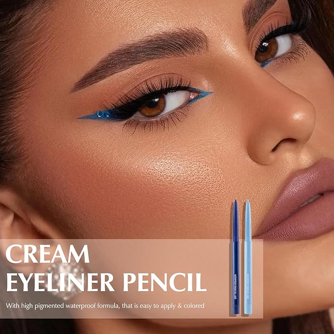 2 PCS Blue Eyeliner Pencil Set, Matte Shimmer Gel Waterline Eye Liner Pen Smudge-Proof Multi-Use Colorful Eyeliner Creamy High Pigmented Long-Lasting Retractable Smooth Eye Makeup